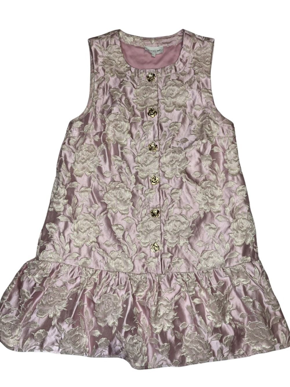 Entro Pink Floral Brocade Sleeveless Mini Dress Gold Rose Buttons Size Small